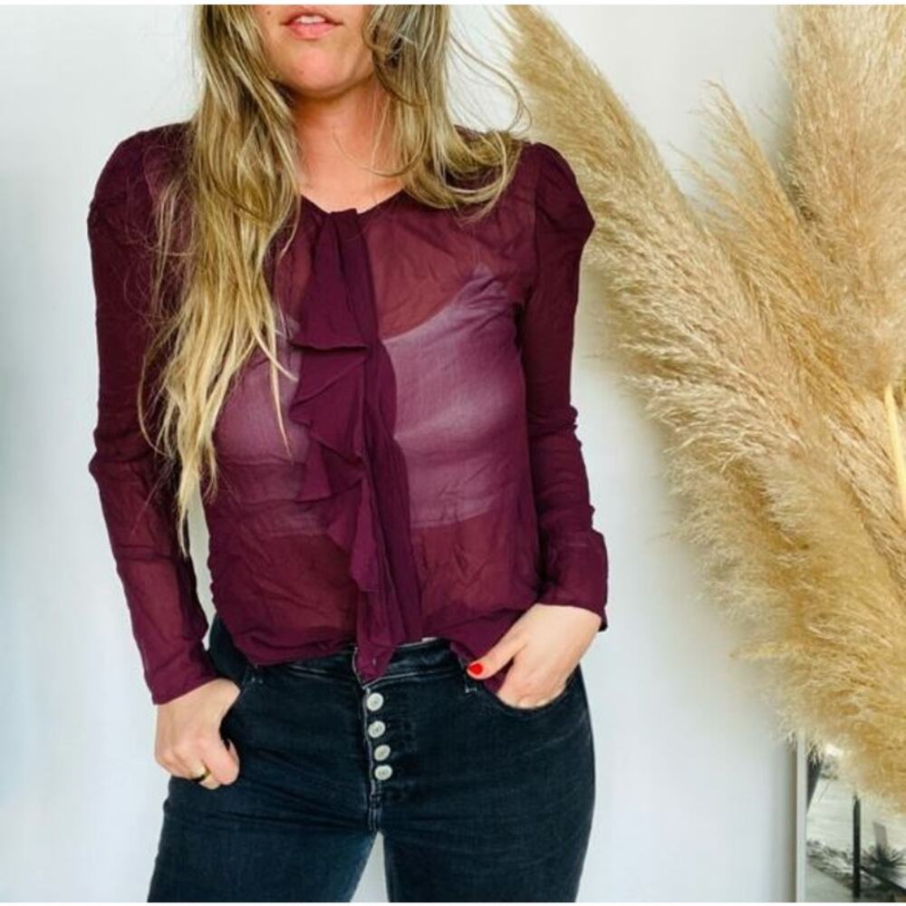 Anthropologie Sheer Plum Ruffle-Front Button Down Blouse